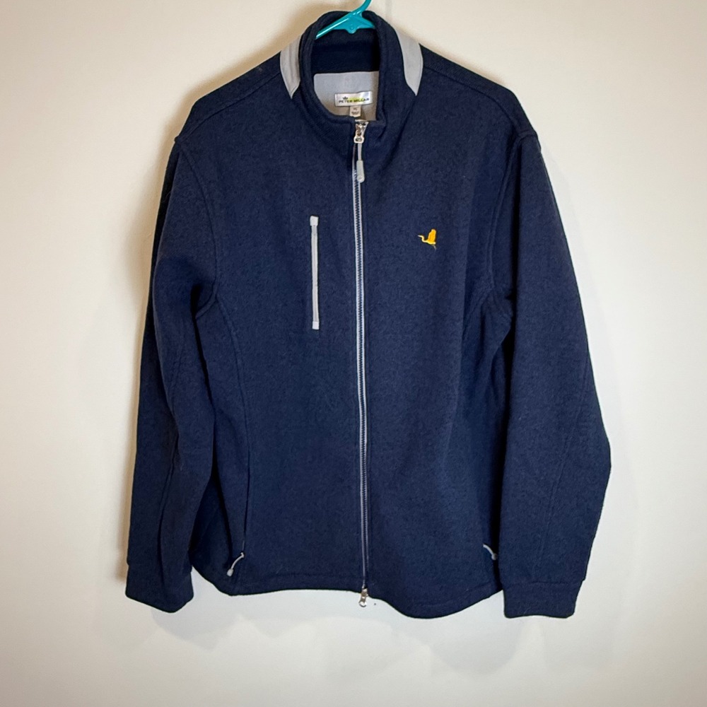 Peter Millar Mens XL Full Zip Sweater Jacket Navy Blue Bird Logo Mock‎ Neck